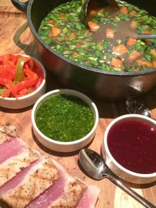 Grilled Tuna + Iberico Broth + piperade + chorizo pepper oil + garlic parsley pistou