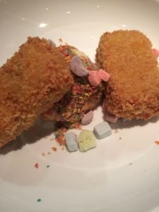 Fried Fruity Pebbles Iced Milk; Lucky Charms marshmallows